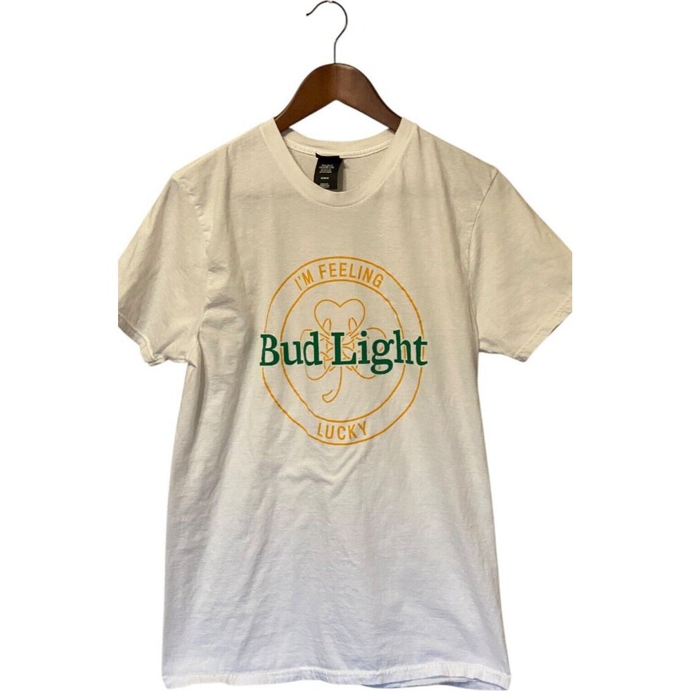 Bud Light White Short Sleeve T-Shirt Men's Medium I'm Feeling Lucky Hanes Tee